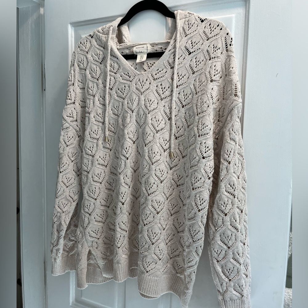 New no tag Artelier Nicole Miller Ivory beige Crochet Hooded Knit Sweater  1x